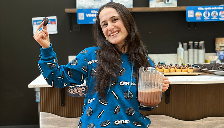 Wanda Fouad in an Oreo sweater with an Oreo