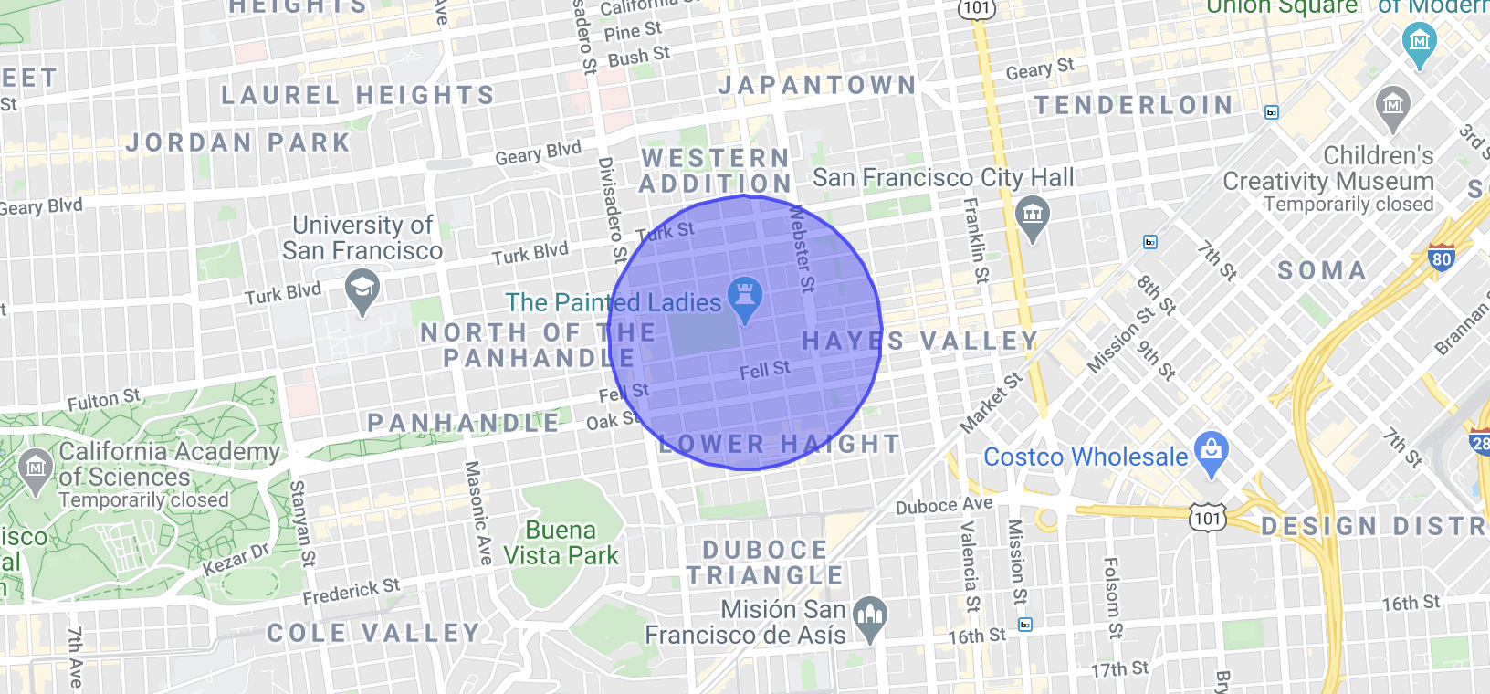 A screenshot of a map showing 1850 ft radius from the Painted Ladies in San Francisco
