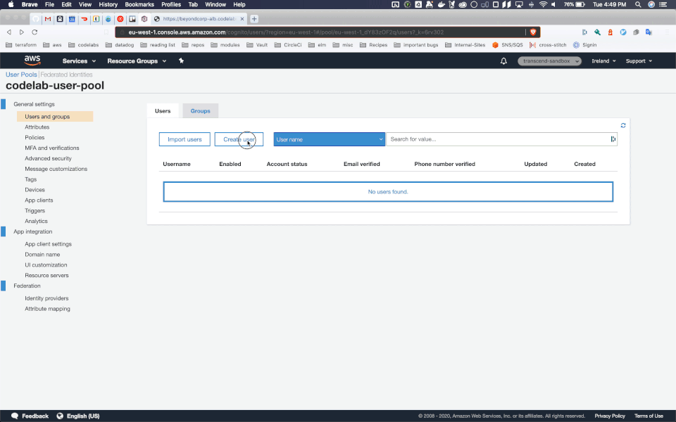 A GIF of creating a user in a Cognito User Pool