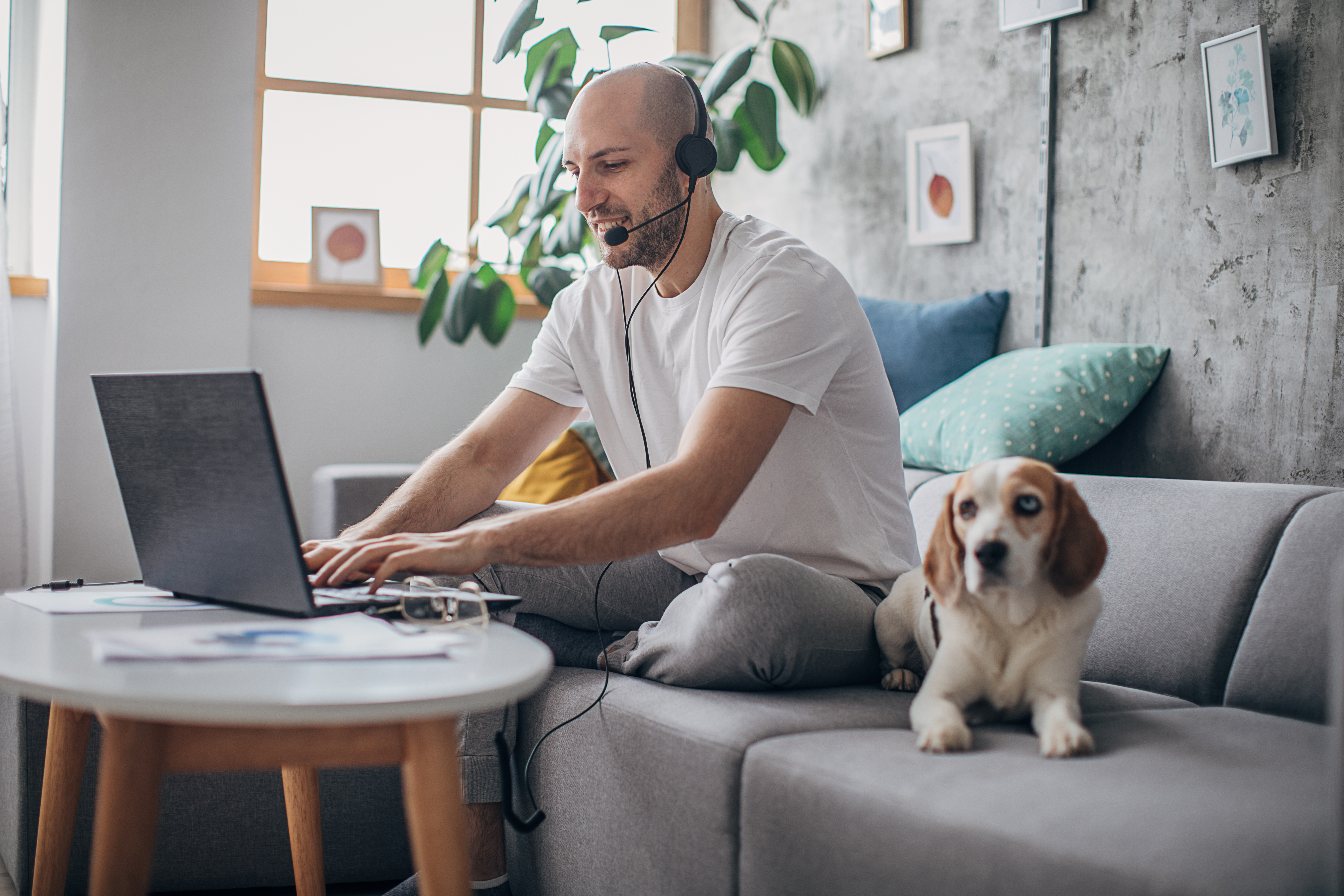 A man sitting on a couch and using a laptop with a dog sitting beside him