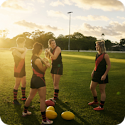 A group of young female AFL players in uniform stretching in a field at sunset