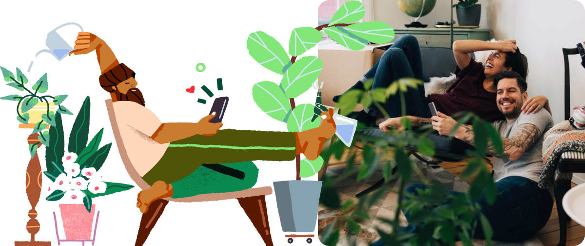 Illustration of a man relaxed on a chair using the nib App, next to a stock image of a happy couple using their phones on a couch