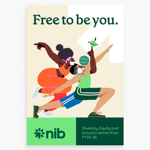Screenshot of nib's Diversity, Equity and Inclusion Action Plan. "Free to be you" text on the cover with illustrations of 2 people in fitness clothing