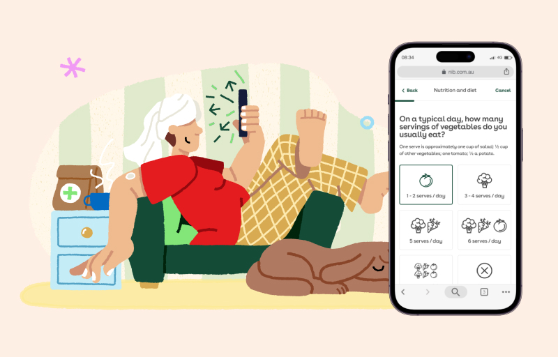 Illustration of a person lying on a lounge looking at their smartphone with a dog sleeping next to them. Overlay of nib App screenshot on smartphone.