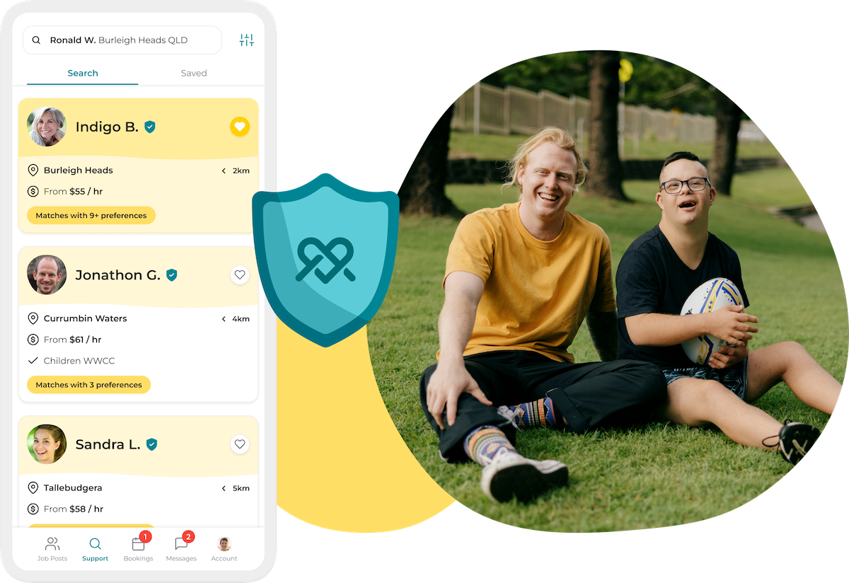 Kynd app screenshot next to an image of a male support worker and a male participant with downsyndrome holding a football. Both sitting outside on the grass