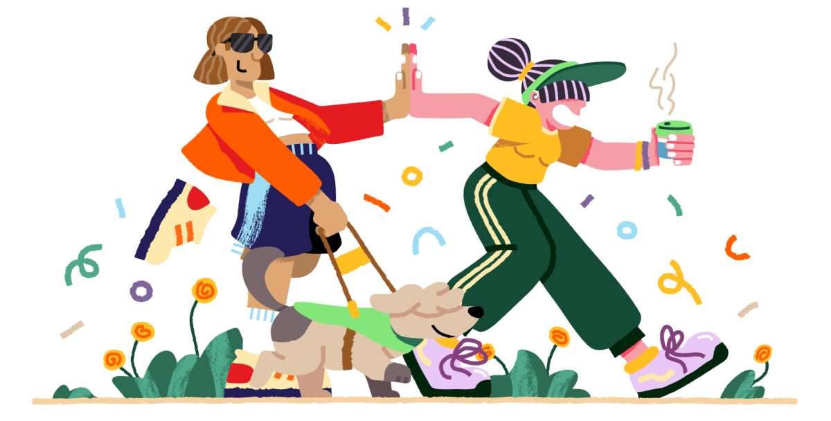 Two illustrated people walking dogs high-five whilst holding coffee cups, surrounded by colourful confetti and plants.