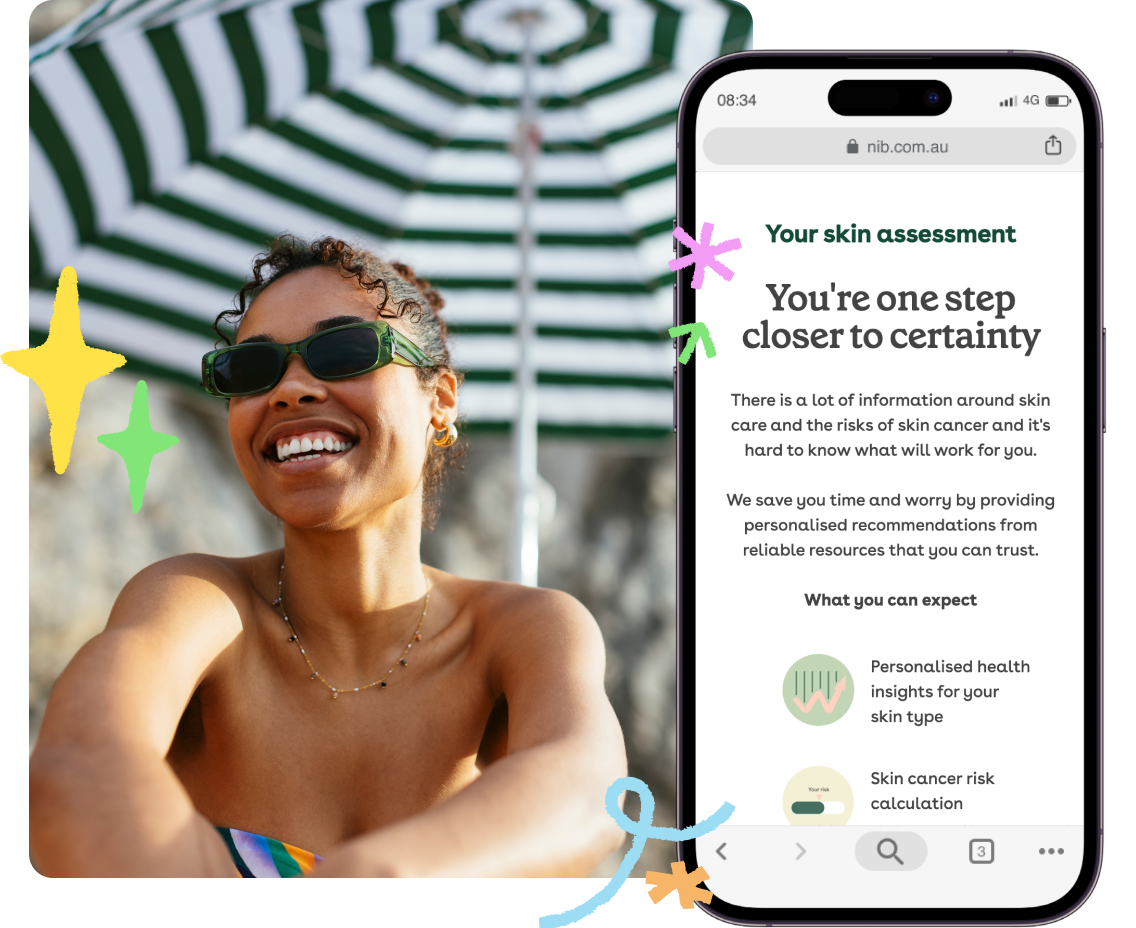 Woman smiling at beach with mobile screen showcasing skin check.