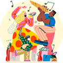 Illustration of a mother, father and son celebrating. Surrounded by music notes