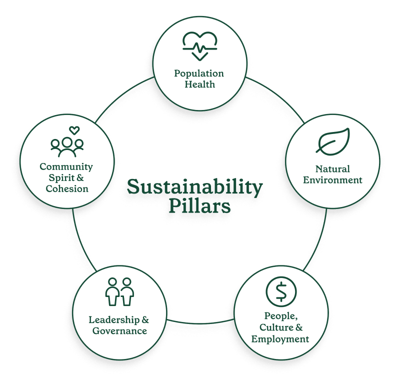 Infographic of nib's 5 sustainability pillars: Population health, Community spirit and cohesion, People, culture and employment, Natural environment, Leadership and governance