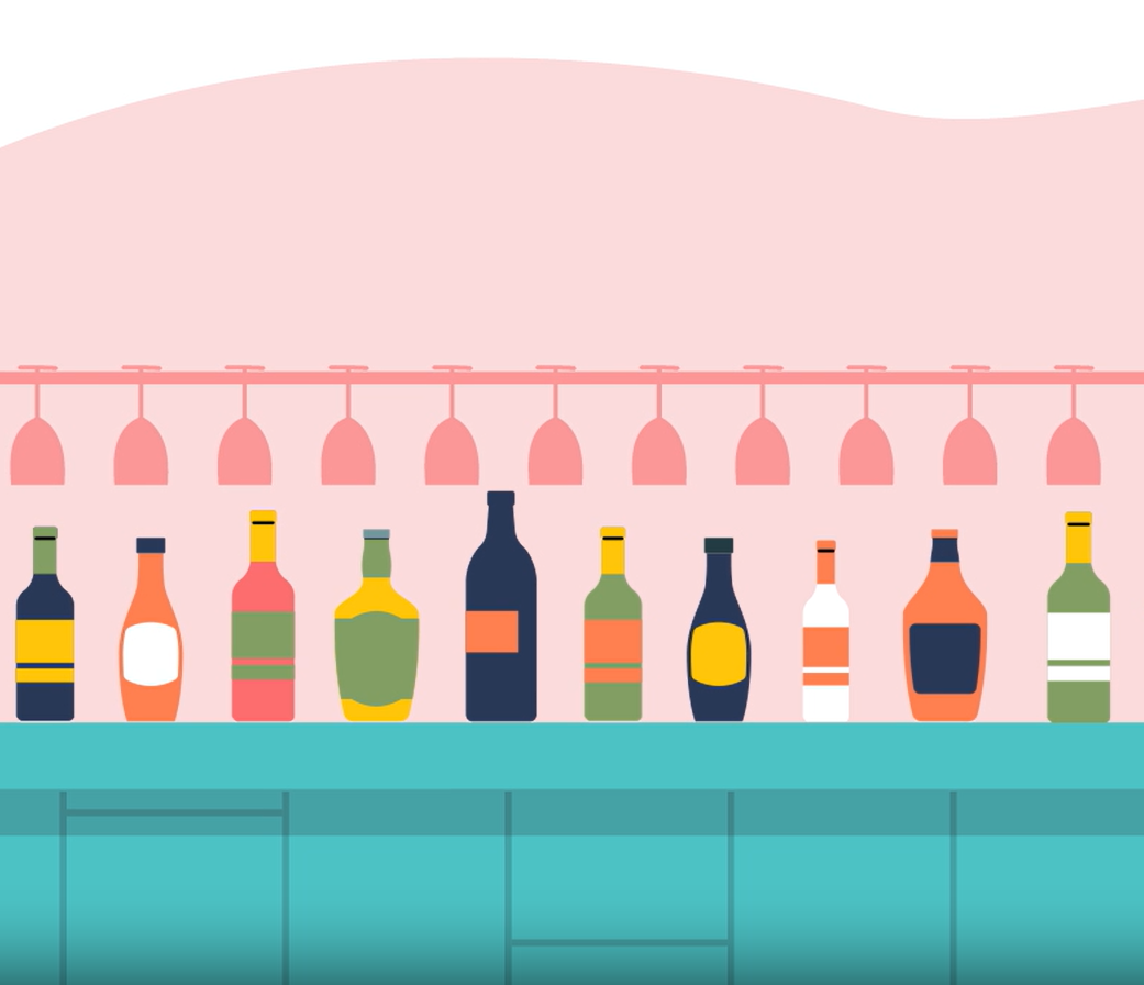 Colourful illustrated bar scene with various bottles on a turquoise counter and pink hanging glasses above.