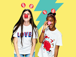 Two students wearing Red Nose Day 2022 t-shirts, noses and antennae