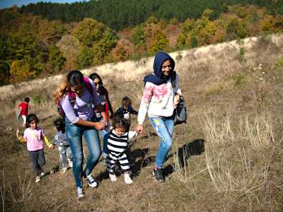 A family walking up a hill