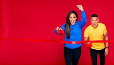 Alex Scott and Jermaine Jenas racing with red noses and spoons.