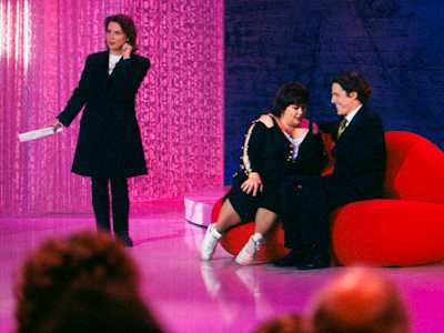 Dawn French and Hugh Grant before their kiss for Red Nose Day
