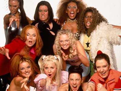 The Spice Girls with their Red Nose Day counterparts