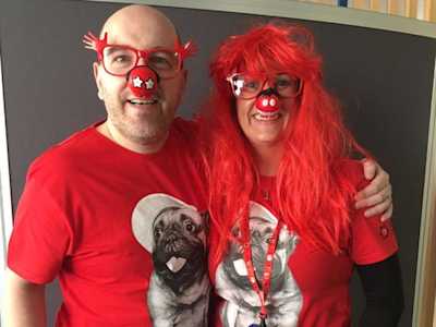 AXA employees in Red Nose Day costumes
