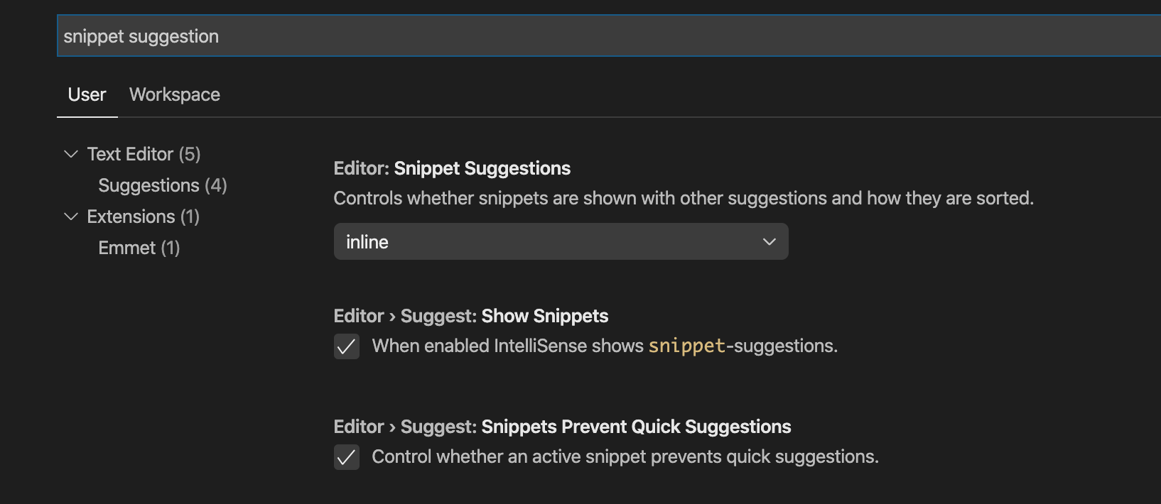 Snippet suggestion option in VS Code
