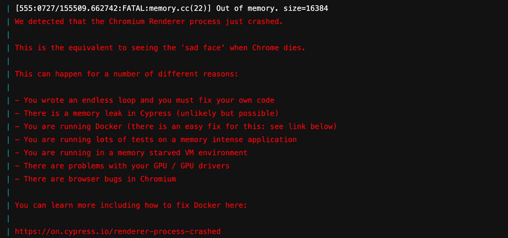 cypress crashing due to out of memory