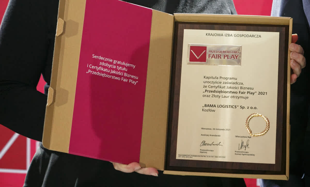 Nagroda Fair Play, przyznana Bamie Logistics, przez Krajową Izbę Gospodarczą, która potwierdza jej wiarygodność i rzetelność.