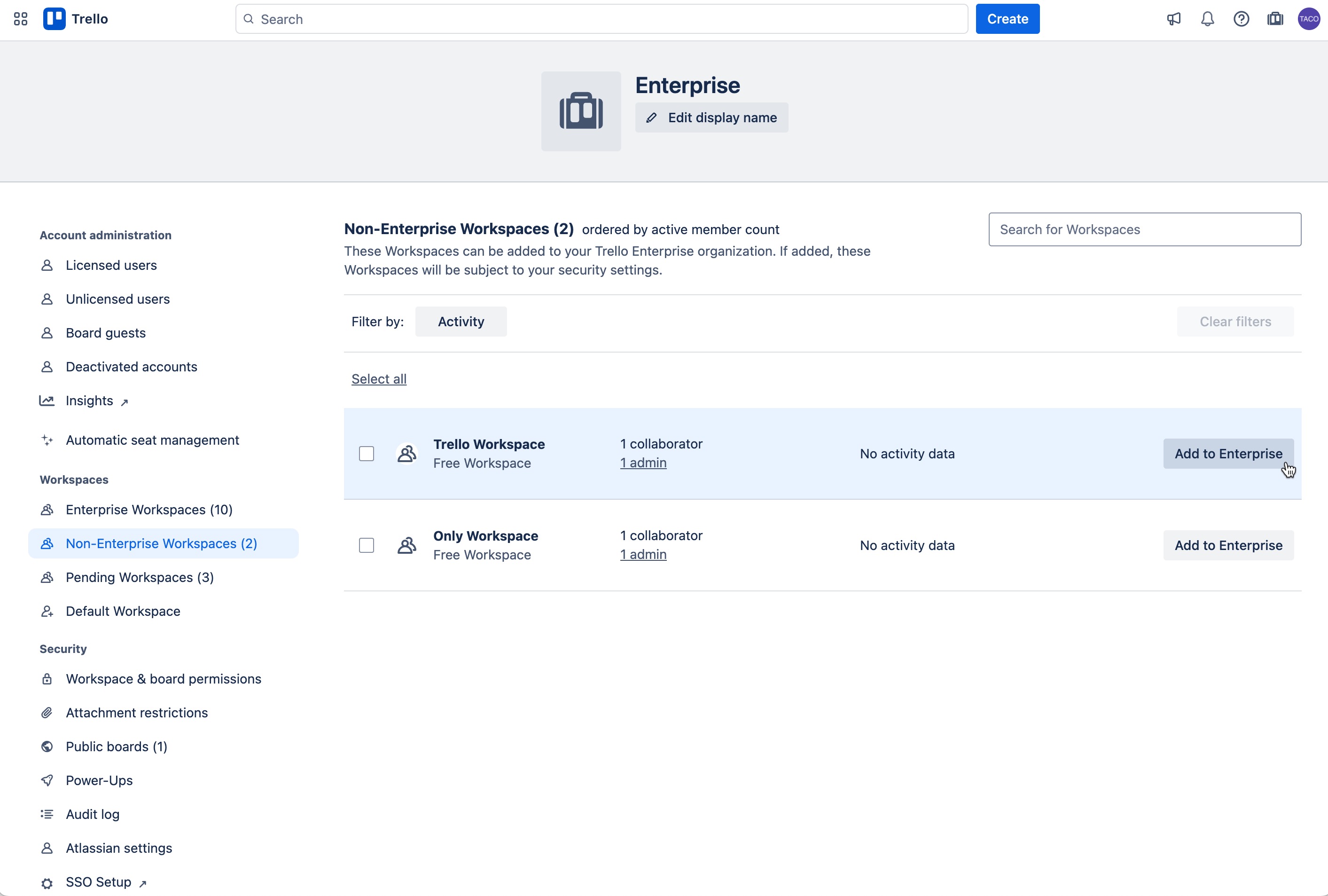 NonEnterprise Workspaces settings