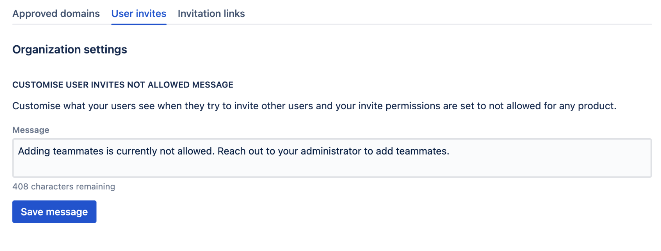 Screenshot of customize user not allowed message