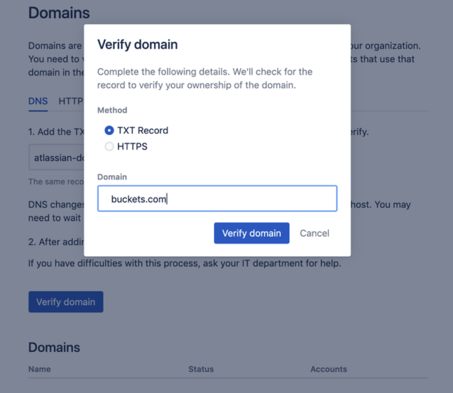 Verify domain screen where you enter a domain and we check to verify your ownership of the dokmain