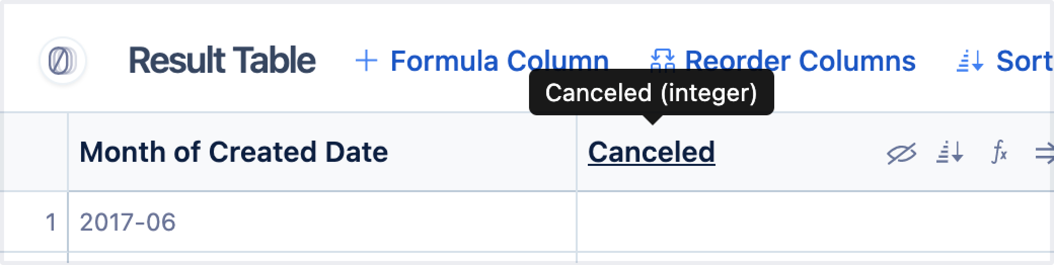 The column named Canceled in the result table is an integer data type.