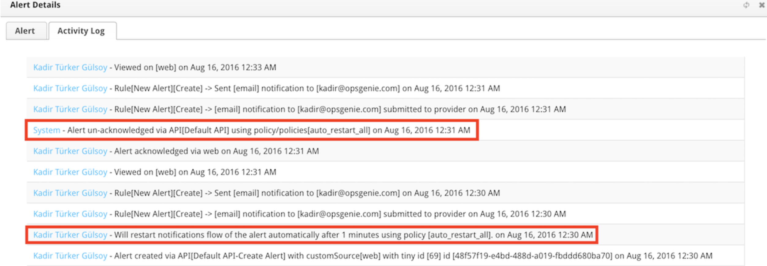 A legacy screenshot that shows the policy update in alert activity log.