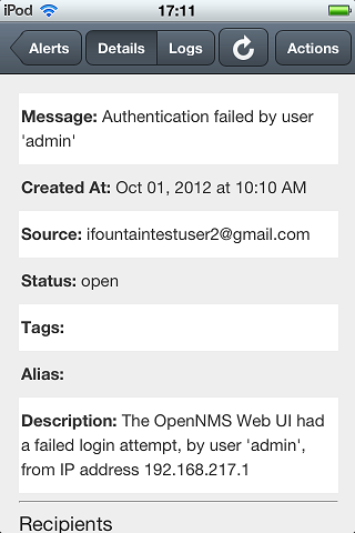 OpenNMS App alert details