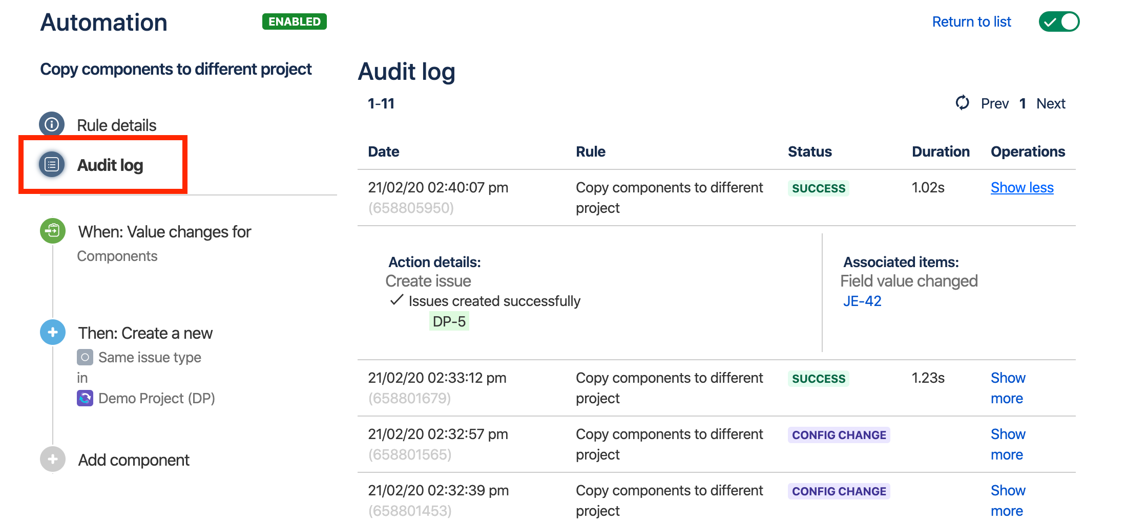 Rule config screen in Jira. "Audit log" button is highlighted to emphasize its position beneath the "Rule details" button.