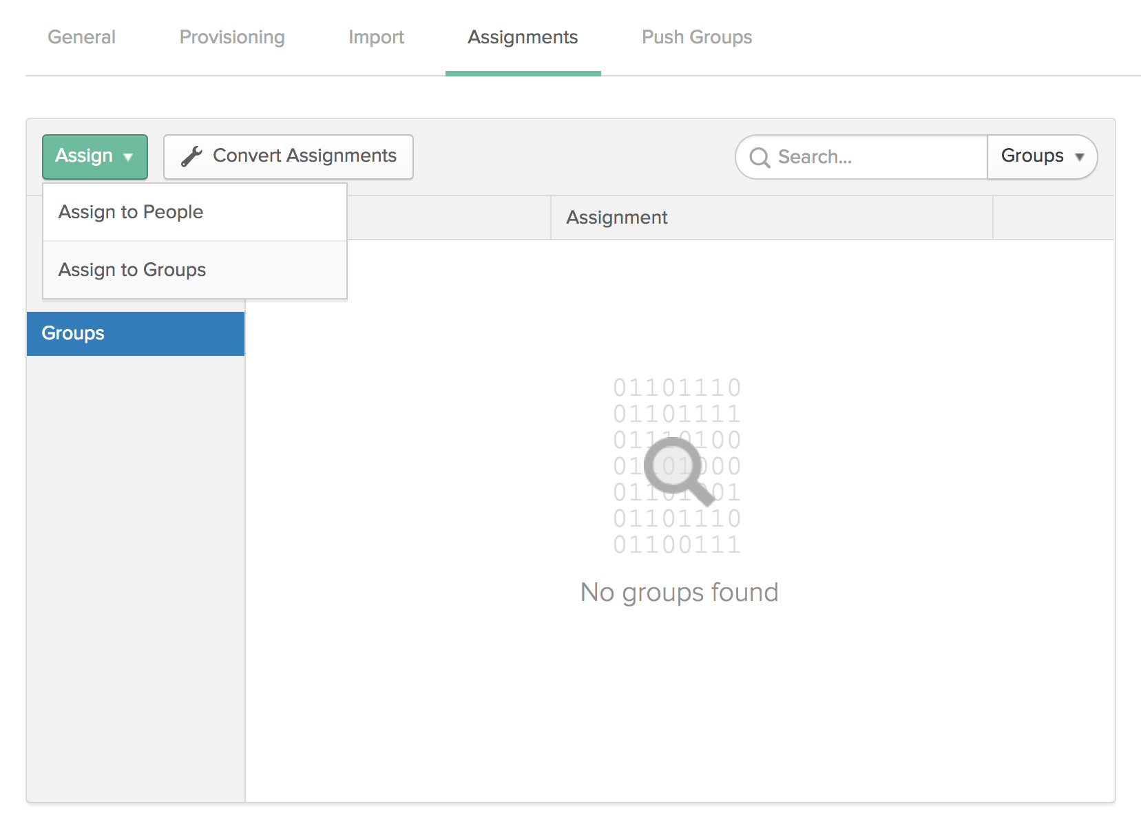 Assignment tab, Assign to groups is selected. 