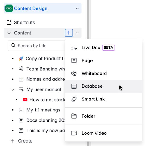 データベースが選択されている、コンテンツ ツリーの作成メニュー