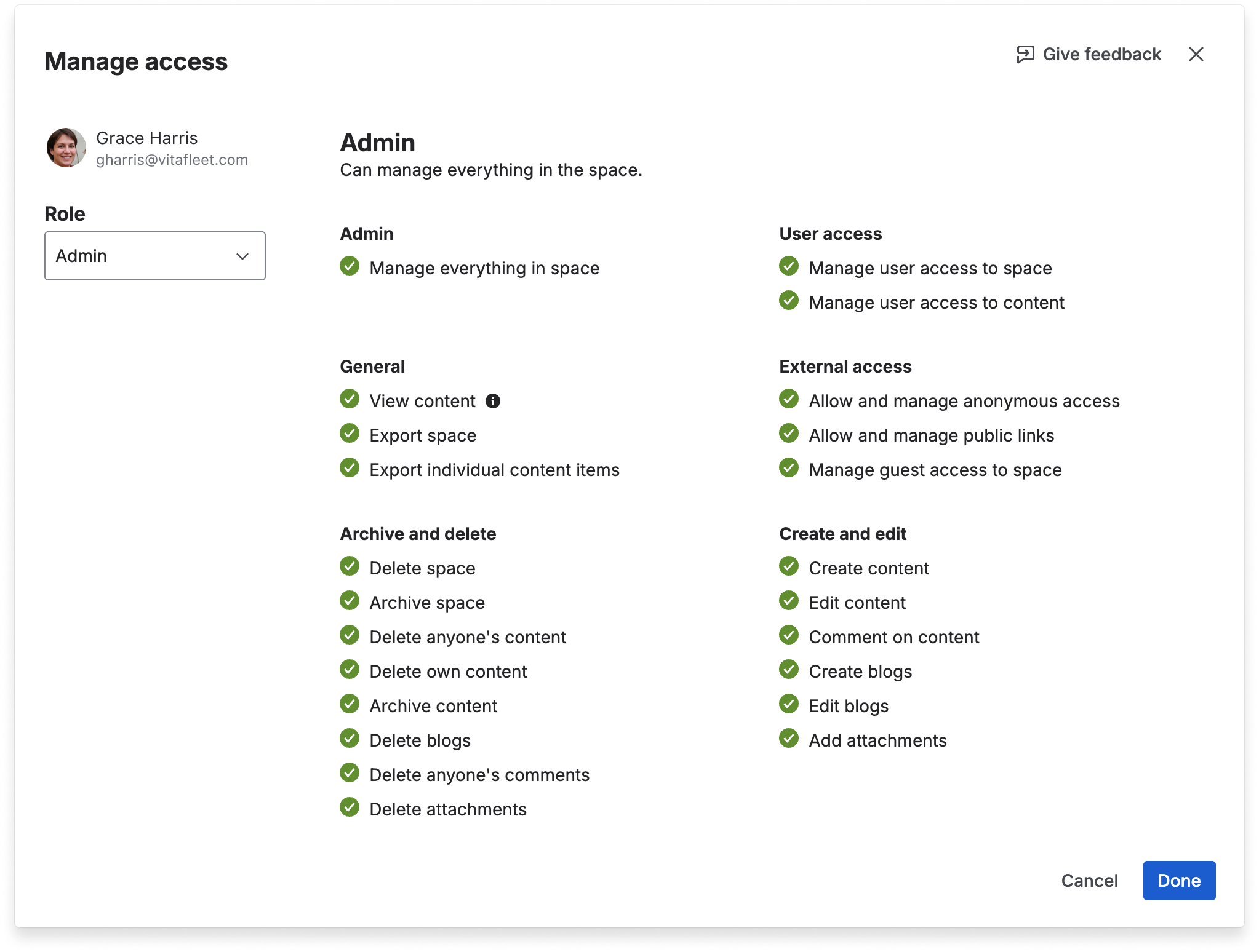 A view of Confluence's Manage access screen