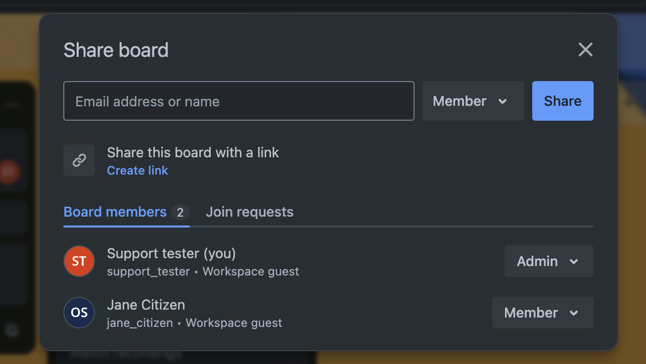 Share screen under a board in Trello allows you to view who has been added as well as create invite links