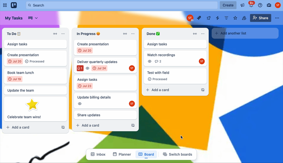 Opening a different board using the board switcher in the Trello navigation.