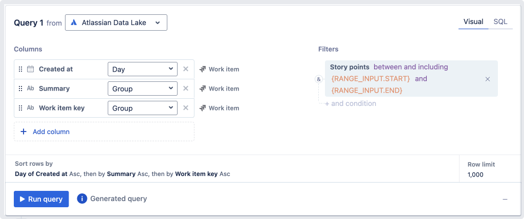 Using a Range input control to filter the Story points column in a visual mode query.
