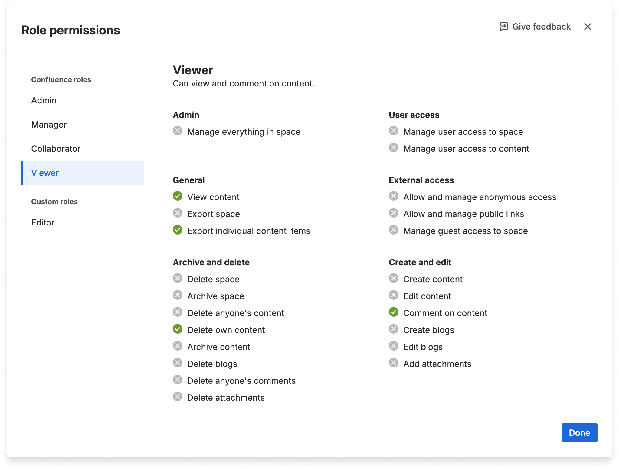 A view of the permissions available for the Viewer role.