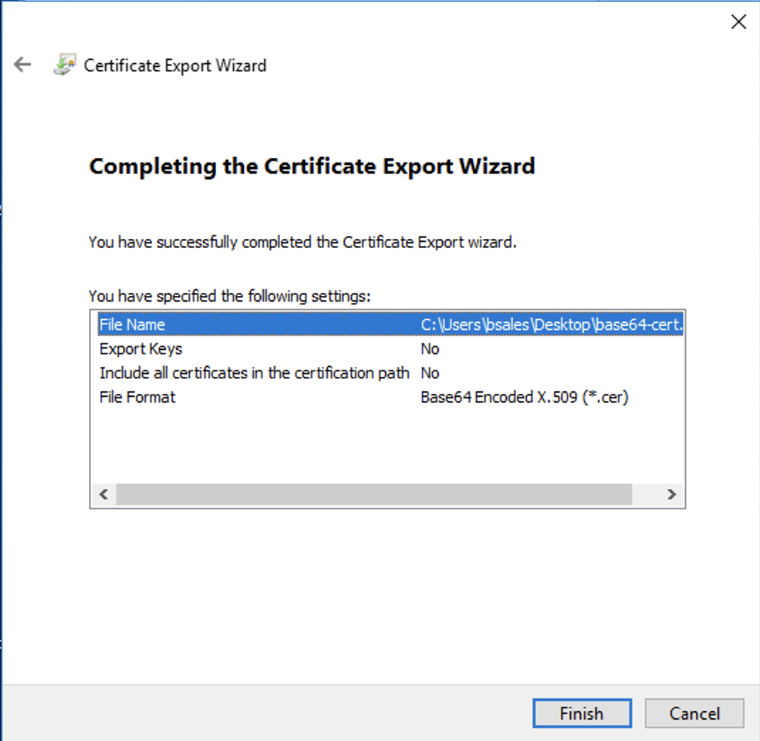 Completing the certificate export wizard page with the settings you specified and Finish and Cancel buttons