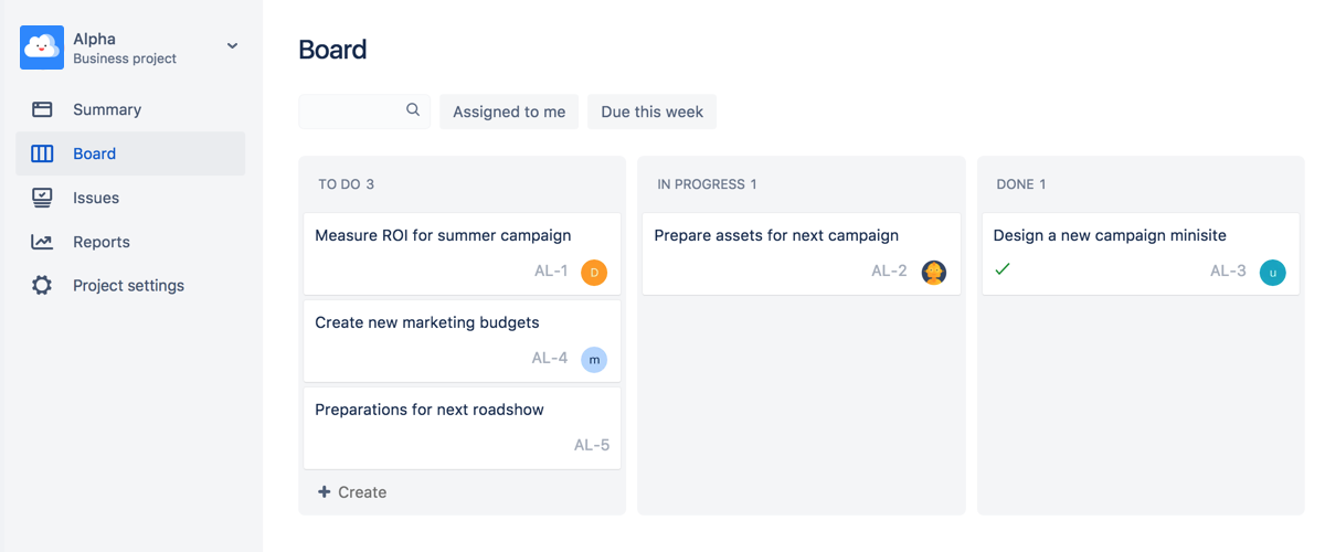 A Jira Work Management business project board with Jira issues.