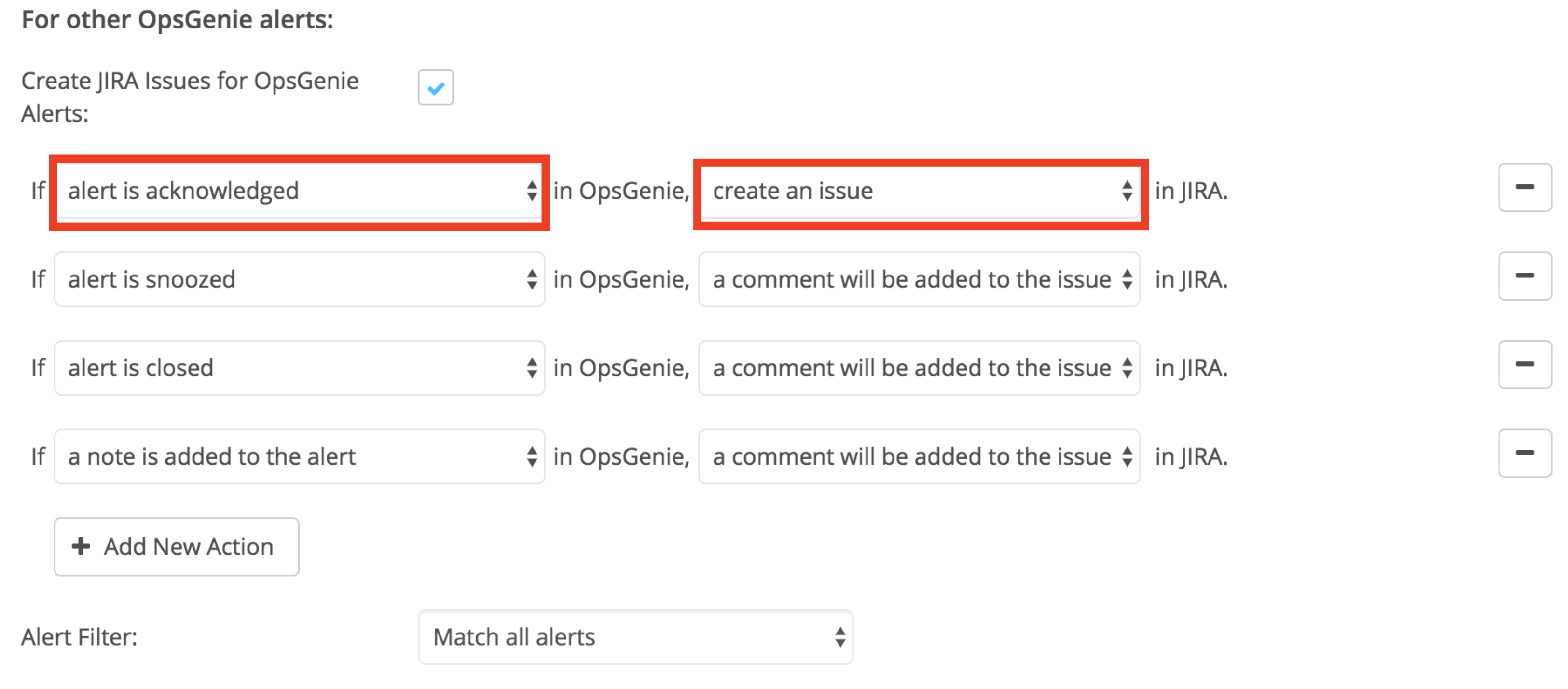 A screenshot showing issue creation rules for Opsgenie alerts.