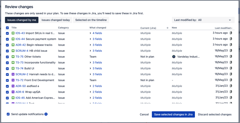 How to use the Review Changes modal in Advanced Roadmaps for Jira Software Cloud to save changes made to your plan.