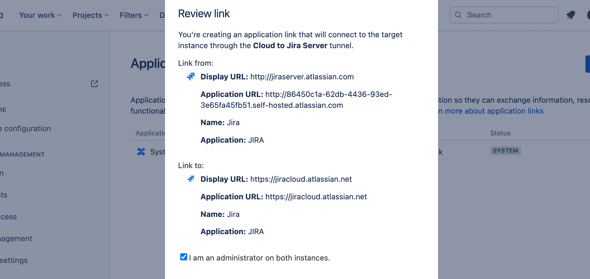 Review links screen that shows the details of the self-managed and cloud instances.