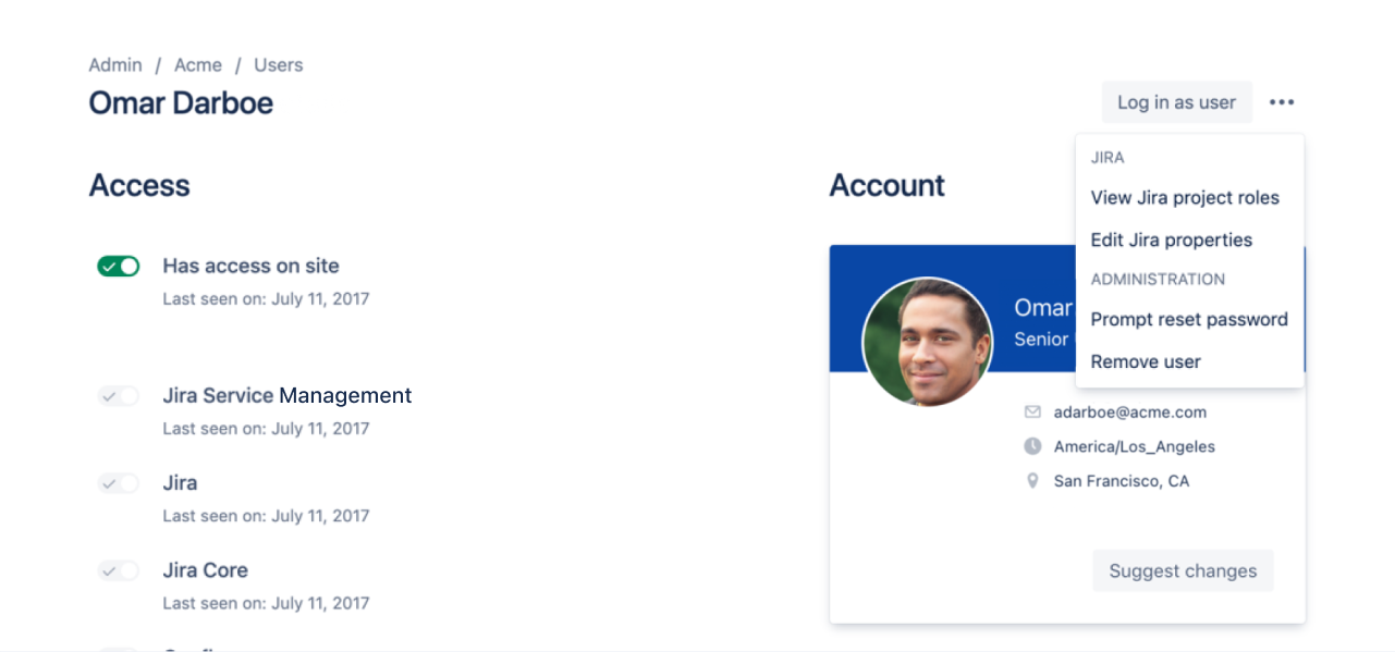 User profile with 3-dot menu showing a View Jira project roles button