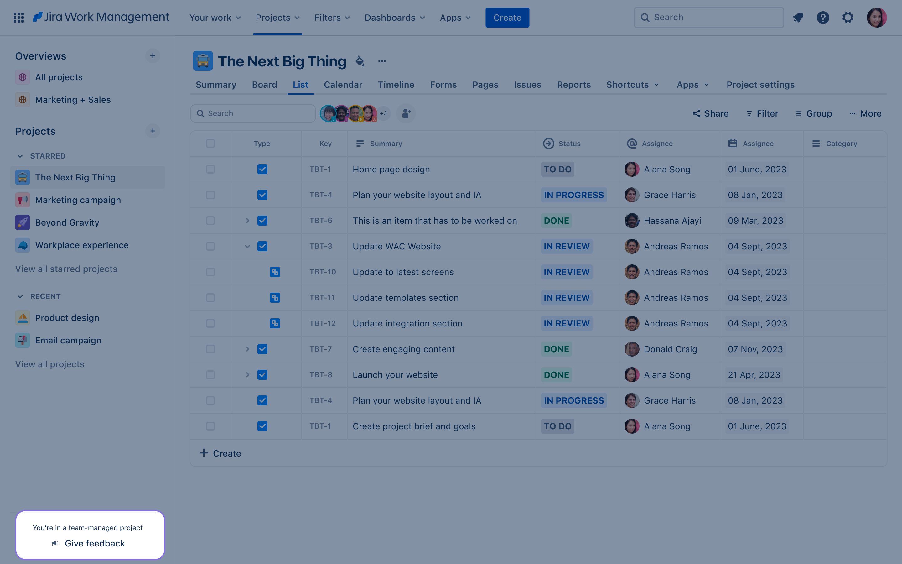 alt="Viewing a team-managed project in Jira Work Management."