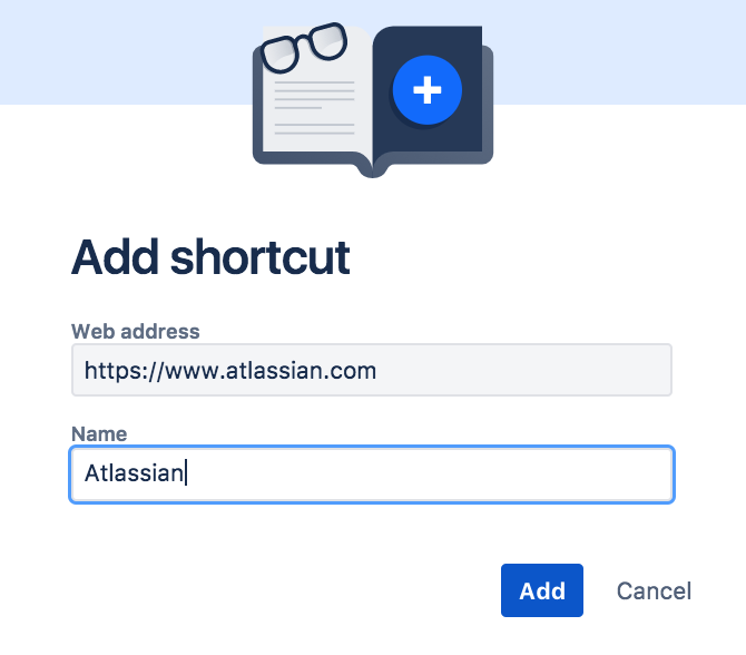 Dialog for adding a shortcut with URL address and name fields.