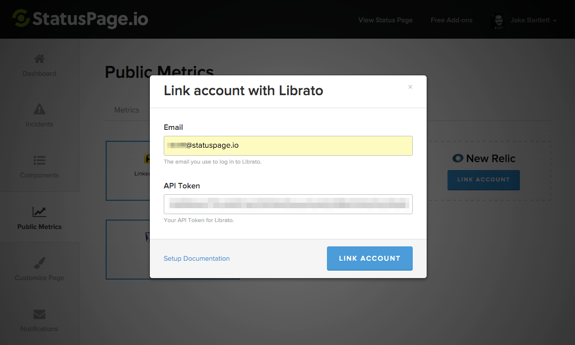 Link account with Librato screenshot