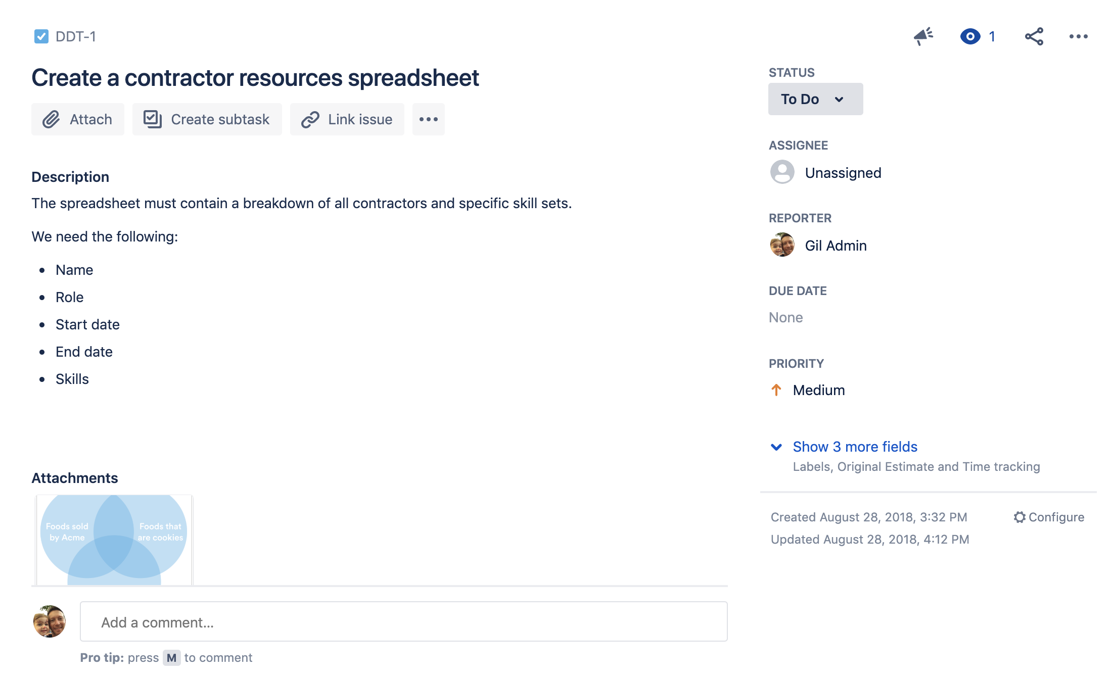 Jira task in the to do status to create a contractor resources spreadsheet.
