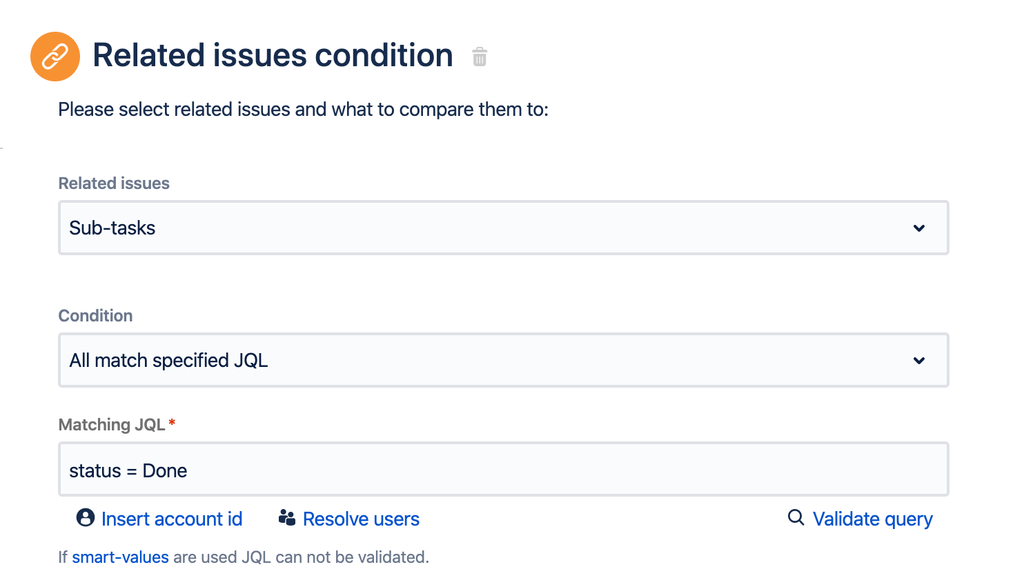 Screenshot of the Related issues condition in Jira automation. 