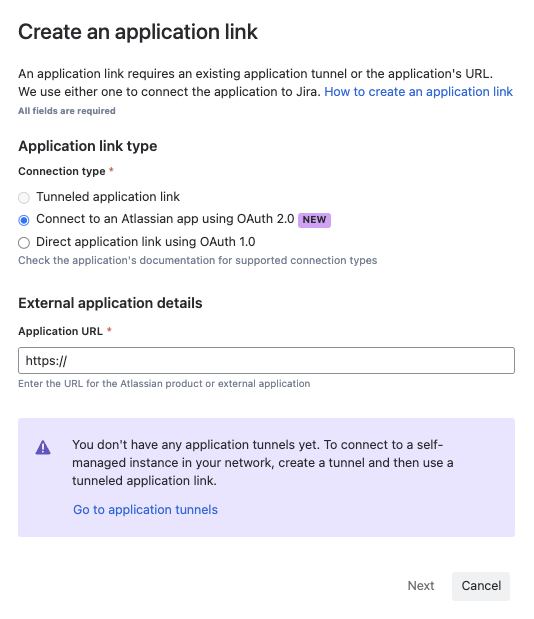 Screenshot of the “Create an application link”, previewing the required fields.