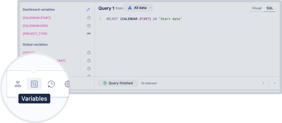 'Variables' tab in a SQL mode query.